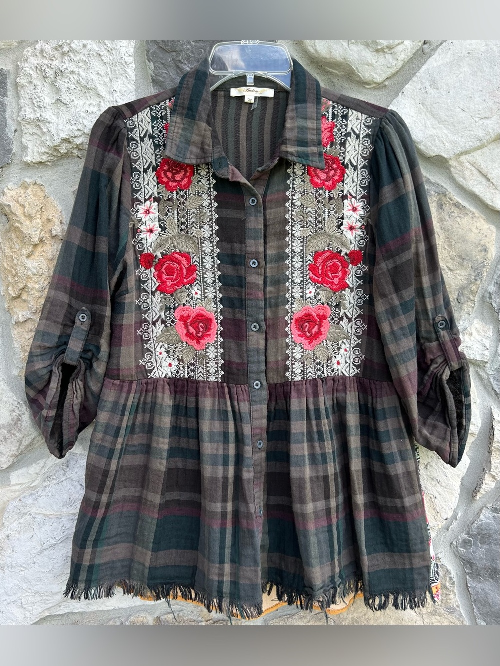 Andree By Unit Blouse Top Size M Boho Embroidered Shabby Chic Plaid Western